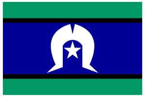 torres strait islander flag. Thin green bands at top and bottom. Large blue band in centre with a white symbol with a star in the middle.